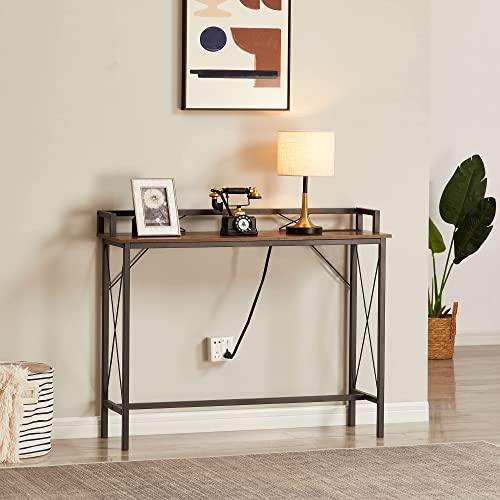 VECELO 39.4" Couch Side & Console Table with 2 Outlet and 2 USB Ports, Narrow Entryway Furniture with Baffle, Extra Long 9.8 Feet Power Cord and Rest Rails, 39.42" L x 11.8”W x 31.5" H, Brown