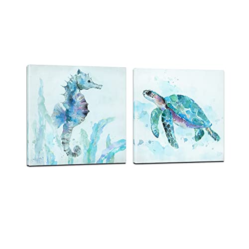 Zessonic Sea Turtle Wall Decor for Bathroom - Teal Sea Turtle And Seahorse Coastal Artwork with Texture Wall Art for Kids Room, Nursery Room, 12"x12"x2