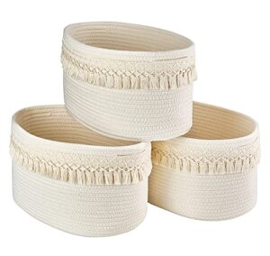 mkono 3 pack storage baskets bins for shelves boho toys organizer decor small white woven cotton rope basket with macrame tassels books towel storage for bedroom nursery living room, 13″ x 8.6″ x 7.8″