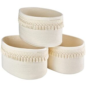 Mkono 3 Pack Storage Baskets Bins for Shelves Boho Toys Organizer Decor Small White Woven Cotton Rope Basket with Macrame Tassels Books Towel Storage for Bedroom Nursery Living Room, 13" x 8.6" x 7.8"