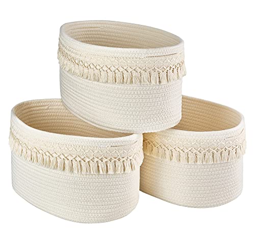 Mkono 3 Pack Storage Baskets Bins for Shelves Boho Toys Organizer Decor Small White Woven Cotton Rope Basket with Macrame Tassels Books Towel Storage for Bedroom Nursery Living Room, 13" x 8.6" x 7.8"