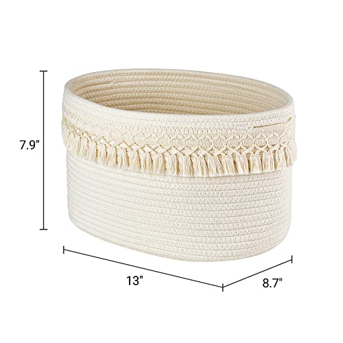 Mkono 3 Pack Storage Baskets Bins for Shelves Boho Toys Organizer Decor Small White Woven Cotton Rope Basket with Macrame Tassels Books Towel Storage for Bedroom Nursery Living Room, 13" x 8.6" x 7.8"