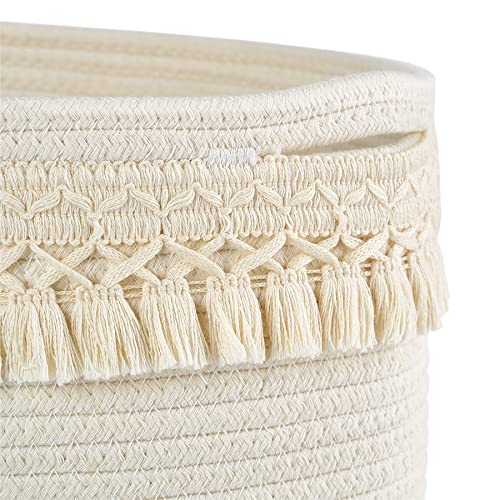 Mkono 3 Pack Storage Baskets Bins for Shelves Boho Toys Organizer Decor Small White Woven Cotton Rope Basket with Macrame Tassels Books Towel Storage for Bedroom Nursery Living Room, 13" x 8.6" x 7.8"