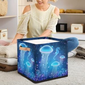 Jellyfish Sea Horse Sea Cube Storage Bins 13 Inch Fabric Storage Basket Square Storage Bins Collapsible Nursery Storage Bin Organizer Basket Storage Box for Shelves, Closet