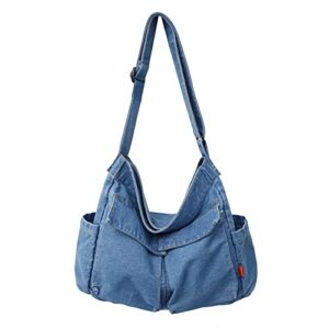 denim shoulder bag tote bag for women retro hobo handbag commuter crossbody bags purse for travel school office (light blue)