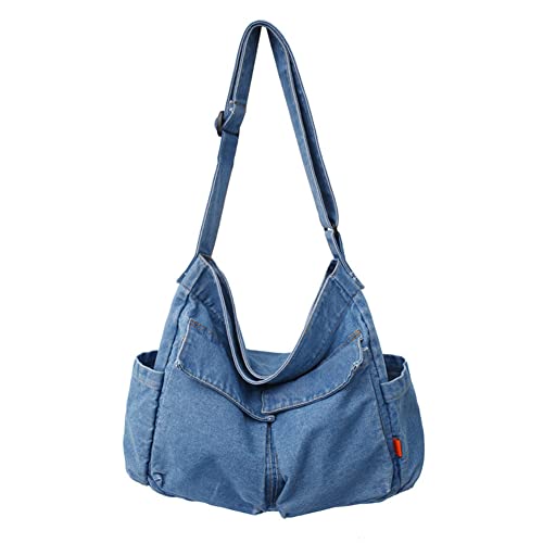 Denim Shoulder Bag Tote Bag for Women Retro Hobo Handbag Commuter Crossbody Bags Purse for Travel School Office (Light Blue)