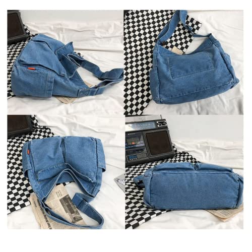 Denim Shoulder Bag Tote Bag for Women Retro Hobo Handbag Commuter Crossbody Bags Purse for Travel School Office (Light Blue)