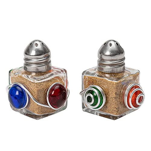 2 Pack Mini Glass Salt and Pepper Shakers, Wire Wrapped Glass Spice shaker around 4 marbles, 0.5 oz (Blue/Red)