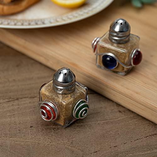 2 Pack Mini Glass Salt and Pepper Shakers, Wire Wrapped Glass Spice shaker around 4 marbles, 0.5 oz (Blue/Red)