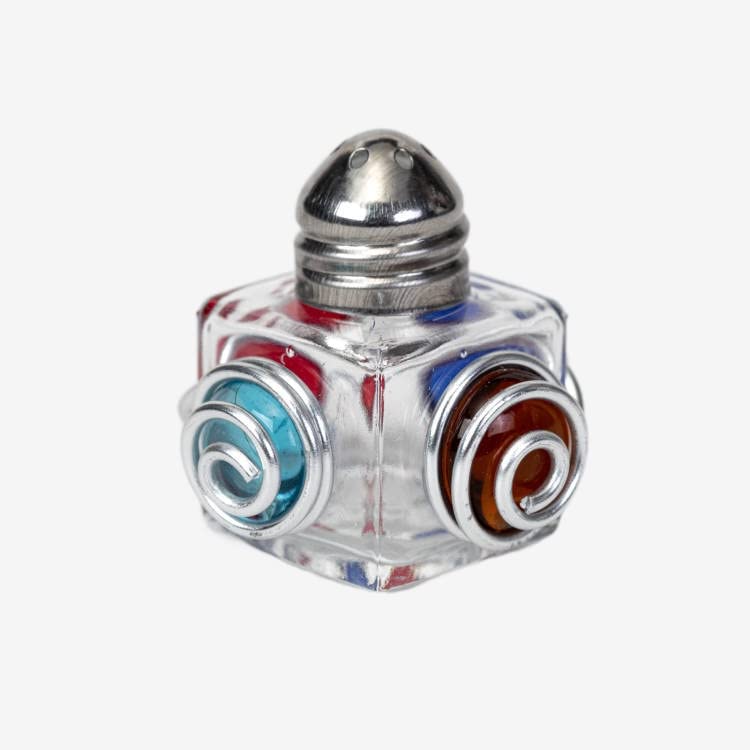 2 Pack Mini Glass Salt and Pepper Shakers, Wire Wrapped Glass Spice shaker around 4 marbles, 0.5 oz (Blue/Red)