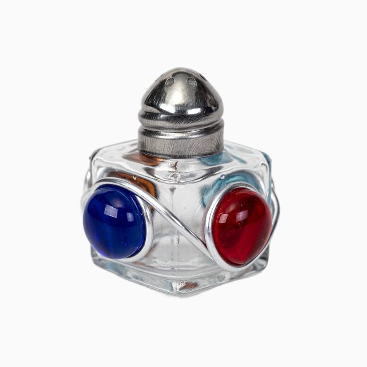 2 Pack Mini Glass Salt and Pepper Shakers, Wire Wrapped Glass Spice shaker around 4 marbles, 0.5 oz (Blue/Red)