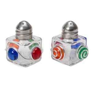 2 Pack Mini Glass Salt and Pepper Shakers, Wire Wrapped Glass Spice shaker around 4 marbles, 0.5 oz (Blue/Red)