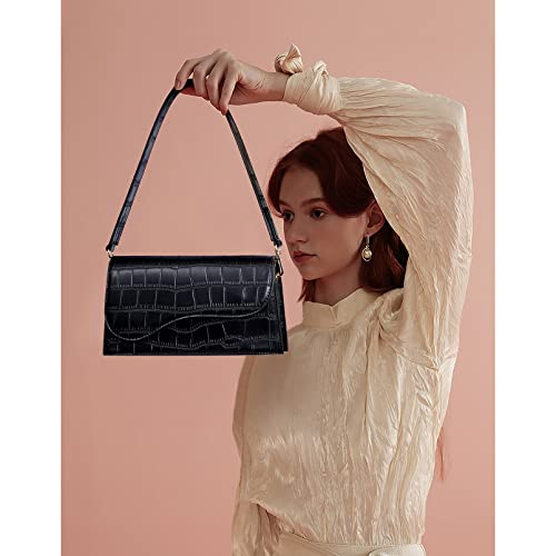 Telena Shoulder Bag for Women, Vegan Leather Women's Shoulder Purses Handbags with 2 Removable Strap Crossbody Bag Purses Crocodile Pattern Black