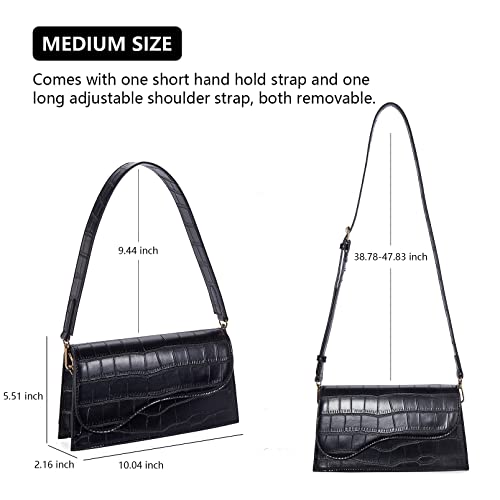 Telena Shoulder Bag for Women, Vegan Leather Women's Shoulder Purses Handbags with 2 Removable Strap Crossbody Bag Purses Crocodile Pattern Black