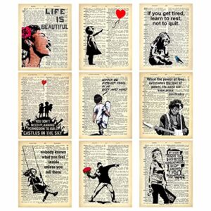 banksy wall art set – motivational graffiti street art positive inspirational quotes encouraging poster for living room teens bedroom home office decor – unframed 8 x 10 dictionary prints
