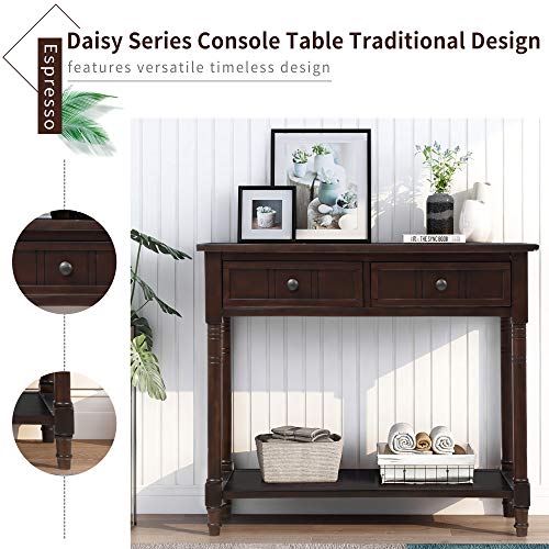 KINFFICT Wood Console Sofa Table with Drawer and Bottom Shelf, WeYoung Daisy Series Entryway Table for Living Room (Antique Espresso)