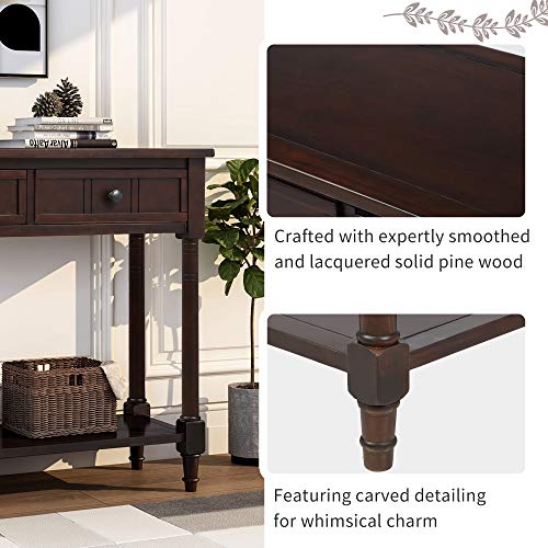 KINFFICT Wood Console Sofa Table with Drawer and Bottom Shelf, WeYoung Daisy Series Entryway Table for Living Room (Antique Espresso)