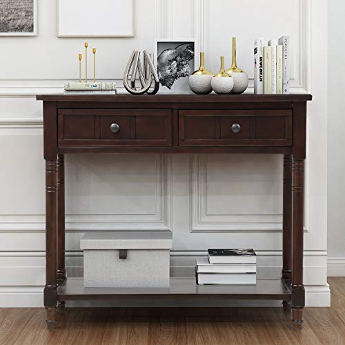 KINFFICT Wood Console Sofa Table with Drawer and Bottom Shelf, WeYoung Daisy Series Entryway Table for Living Room (Antique Espresso)