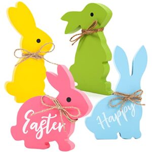 wooden bunnies easter decorations for the home easter table decor, 4pcs cute easter bunny decor with jute twine bow spring decorations easter tiered tray decor for party favors tabletop indoor gift ry-36fhjr
