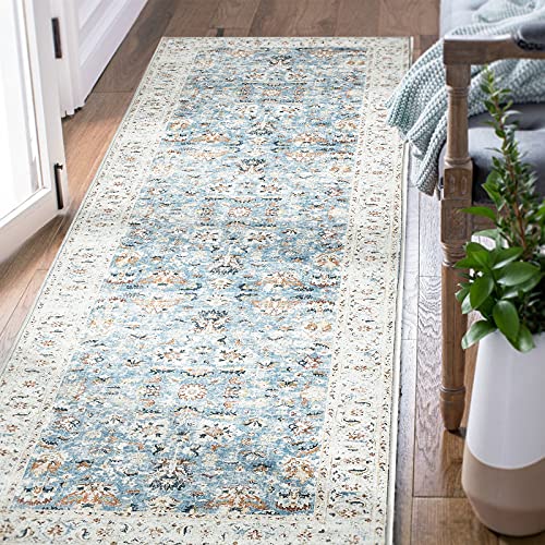 COLLACT Runner Rug 2x5 Area Rug Persian Rug Door Mat Vintage Distressed Rug Entrance Mat Foldable Thin Rug Blue Floral Print Carpet Non Slip Boho Farmhouse Kitchen Living Room Bedroom Dining Room