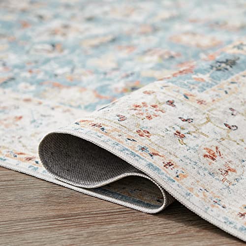 COLLACT Runner Rug 2x5 Area Rug Persian Rug Door Mat Vintage Distressed Rug Entrance Mat Foldable Thin Rug Blue Floral Print Carpet Non Slip Boho Farmhouse Kitchen Living Room Bedroom Dining Room