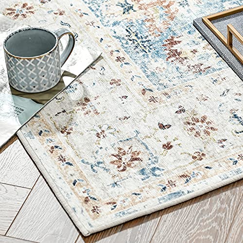 COLLACT Runner Rug 2x5 Area Rug Persian Rug Door Mat Vintage Distressed Rug Entrance Mat Foldable Thin Rug Blue Floral Print Carpet Non Slip Boho Farmhouse Kitchen Living Room Bedroom Dining Room