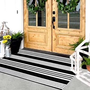 Front Porch Rug 24'' x 51'' Black and White Outdoor Rug Washable Front Door Mat Striped Entryway Rugs Cotton Hand-Woven Reversible Welcome Layered Doormat Carpet for Kitchen/Bathroom/Living Room