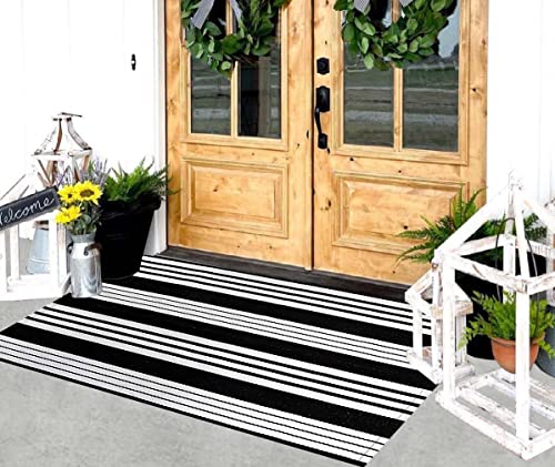 Front Porch Rug 24'' x 51'' Black and White Outdoor Rug Washable Front Door Mat Striped Entryway Rugs Cotton Hand-Woven Reversible Welcome Layered Doormat Carpet for Kitchen/Bathroom/Living Room