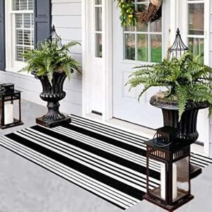 Front Porch Rug 24'' x 51'' Black and White Outdoor Rug Washable Front Door Mat Striped Entryway Rugs Cotton Hand-Woven Reversible Welcome Layered Doormat Carpet for Kitchen/Bathroom/Living Room