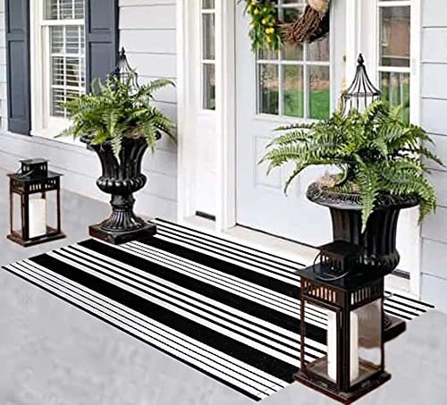 Front Porch Rug 24'' x 51'' Black and White Outdoor Rug Washable Front Door Mat Striped Entryway Rugs Cotton Hand-Woven Reversible Welcome Layered Doormat Carpet for Kitchen/Bathroom/Living Room