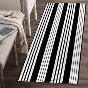 Front Porch Rug 24'' x 51'' Black and White Outdoor Rug Washable Front Door Mat Striped Entryway Rugs Cotton Hand-Woven Reversible Welcome Layered Doormat Carpet for Kitchen/Bathroom/Living Room