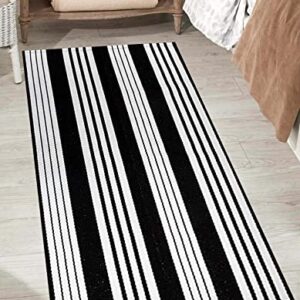 Front Porch Rug 24'' x 51'' Black and White Outdoor Rug Washable Front Door Mat Striped Entryway Rugs Cotton Hand-Woven Reversible Welcome Layered Doormat Carpet for Kitchen/Bathroom/Living Room