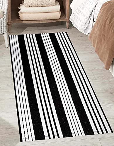 Front Porch Rug 24'' x 51'' Black and White Outdoor Rug Washable Front Door Mat Striped Entryway Rugs Cotton Hand-Woven Reversible Welcome Layered Doormat Carpet for Kitchen/Bathroom/Living Room