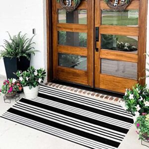 Front Porch Rug 24'' x 51'' Black and White Outdoor Rug Washable Front Door Mat Striped Entryway Rugs Cotton Hand-Woven Reversible Welcome Layered Doormat Carpet for Kitchen/Bathroom/Living Room