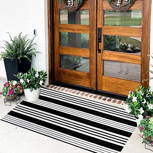 Front Porch Rug 24'' x 51'' Black and White Outdoor Rug Washable Front Door Mat Striped Entryway Rugs Cotton Hand-Woven Reversible Welcome Layered Doormat Carpet for Kitchen/Bathroom/Living Room