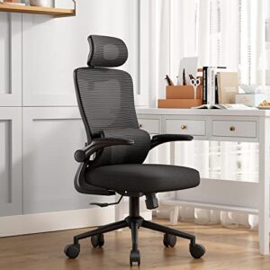 brthory office chair height-adjustable ergonomic desk chair with lumbar support, breathable mesh computer chair high back swivel task chair with adjustable headrest and flip-up armrests – black