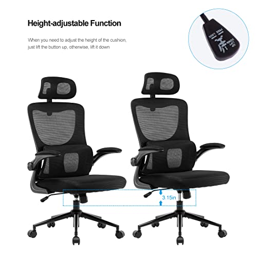BRTHORY Office Chair Height-Adjustable Ergonomic Desk Chair with Lumbar Support, Breathable Mesh Computer Chair High Back Swivel Task Chair with Adjustable Headrest and Flip-up Armrests - Black