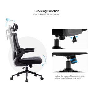 BRTHORY Office Chair Height-Adjustable Ergonomic Desk Chair with Lumbar Support, Breathable Mesh Computer Chair High Back Swivel Task Chair with Adjustable Headrest and Flip-up Armrests - Black