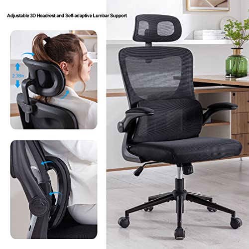 BRTHORY Office Chair Height-Adjustable Ergonomic Desk Chair with Lumbar Support, Breathable Mesh Computer Chair High Back Swivel Task Chair with Adjustable Headrest and Flip-up Armrests - Black