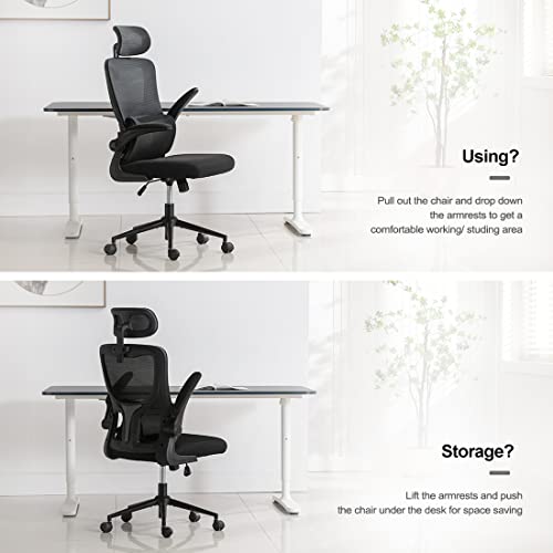 BRTHORY Office Chair Height-Adjustable Ergonomic Desk Chair with Lumbar Support, Breathable Mesh Computer Chair High Back Swivel Task Chair with Adjustable Headrest and Flip-up Armrests - Black