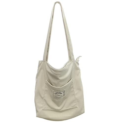 YARUODA Women Corduroy Tote Bag Casual Tote's Handbag Zipper Shoulder Bag with Pockets, Khaki