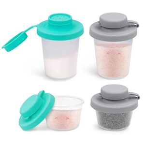 sophico small salt and pepper shakers set with moisture proof sinlicone lids, 4.5oz mini spice shaker to go for camping travel picnic lunch boxes (mint & grey, small & medium)