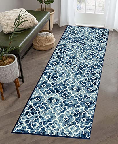 Moroccan Hallway Runner Rug,2'X 6' Distressed Washable Area Rug Peacock Blue Non-Slip Kitchen Mat Faux Wool Low-Pile Floor Carpet for Kitchen Laundry Bedroom Bathroom Living Room