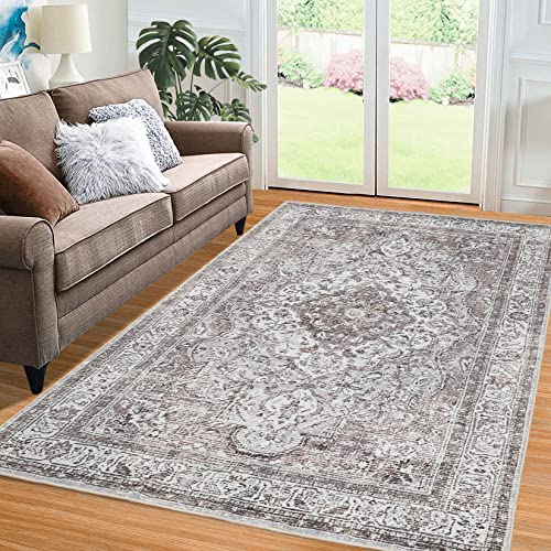 RUGSREAL Area Rug 8' x 10' Machine Washable Persian Rug Traditional Rug Indoor Floor Cover Distressed Carpet Rug Velvet Mat Foldable Accent Rug for Living Room Bedroom Dining Room, Ivory/Taupe