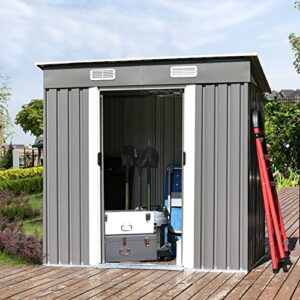 6 x 4 FT Outdoor Storage Shed, Metal Outside Sheds & Outdoor Storage with Sliding Doors and Vents, Steel Garden Shed Outdoor Utility Tool Shed with Pent Roof for Backyard Patio Garden Lawn, Grey