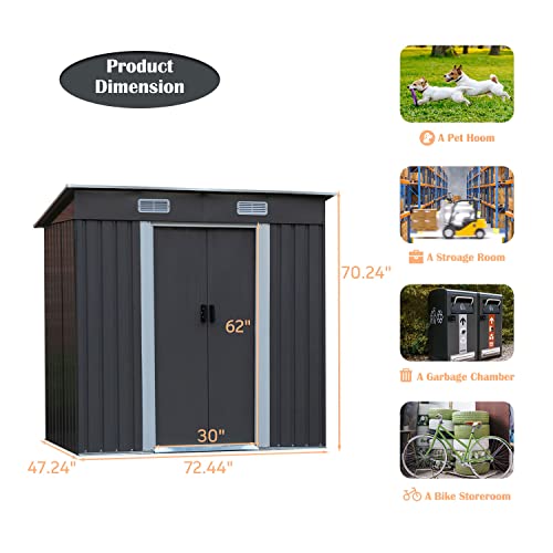 6 x 4 FT Outdoor Storage Shed, Metal Outside Sheds & Outdoor Storage with Sliding Doors and Vents, Steel Garden Shed Outdoor Utility Tool Shed with Pent Roof for Backyard Patio Garden Lawn, Grey