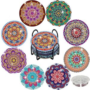 8pcs diy mandala diamond painting coasters kits with holder, cork mat and diamond storage box, suitable for adults, beginners and kids are also friendly, great home and dining room decor