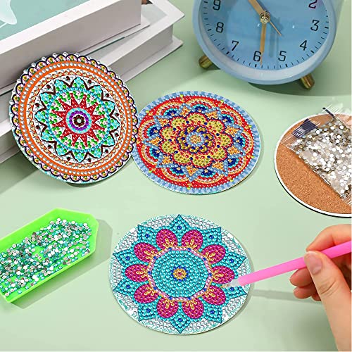 8Pcs DIY Mandala Diamond Painting Coasters Kits with Holder, Cork Mat and Diamond Storage Box, Suitable for Adults, Beginners and Kids Are Also Friendly, Great Home and Dining Room Decor