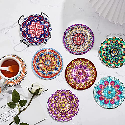 8Pcs DIY Mandala Diamond Painting Coasters Kits with Holder, Cork Mat and Diamond Storage Box, Suitable for Adults, Beginners and Kids Are Also Friendly, Great Home and Dining Room Decor