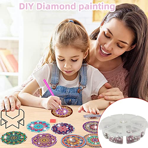 8Pcs DIY Mandala Diamond Painting Coasters Kits with Holder, Cork Mat and Diamond Storage Box, Suitable for Adults, Beginners and Kids Are Also Friendly, Great Home and Dining Room Decor